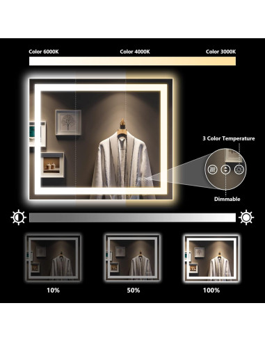 Espejo de Baño LED Yeelait 101.6x81.3 cm Antivaho 3 Colores