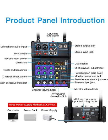 Mezclador de Audio 4 Canales Flyfrow con 2 Micrófonos Inalámbricos Mezclador de Audio 4 Canales Flyfrow con 2 Micrófonos Inalámbricos