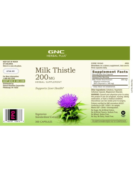 Suplemento Cardo Mariano GNC Herbal Plus 200mg Vegetariano 100 Porciones Suplemento Cardo Mariano GNC Herbal Plus 200mg Vegetariano 100 Porciones