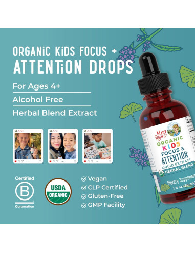 Suplemento para Niños MaryRuth Organics - Gotas de Concentración y Memoria, 30ml