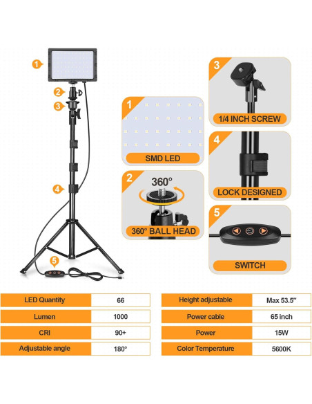 Kit de Iluminación Fotográfica LED EMART 2 Pcs Luz Estudio 136 cm Kit de Iluminación Fotográfica LED EMART 2 Pcs Luz Estudio 136 cm