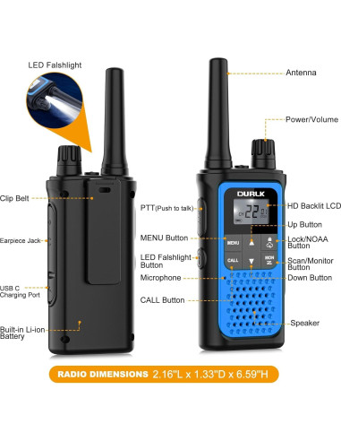 Walkie Talkies DURLK 2 Paquete 22 Canales Recargables