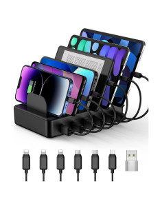 Estación de Carga 50W 6 Puertos USB con 6 Cables - Negro