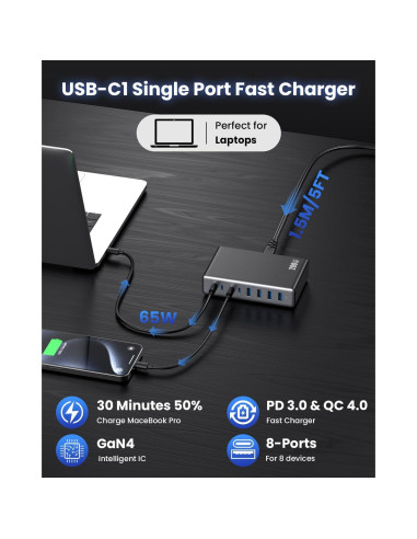 Cargador USB C 200W GaN IV 8 Puertos Carga Rápida Negro