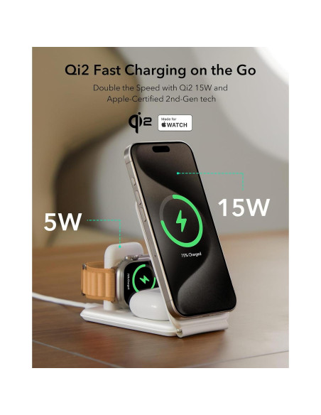 Cargador 3 en 1 ESR Qi2 para iPhone, Apple Watch y AirPods Cargador 3 en 1 ESR Qi2 para iPhone, Apple Watch y AirPods