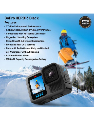 Cámara de Acción GoPro HERO13 Negra 27MP 5.3K con Batería y SD
