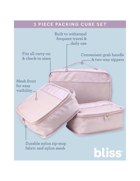 Cubos de Empaque Bliss 3Pcs Malva - Organizador de Viaje Nylon Cubos de Empaque Bliss 3Pcs Malva - Organizador de Viaje Nylon