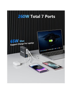 Cargador USB C 260W MEKIOJEO 7 Puertos Carga Rápida Gris 2