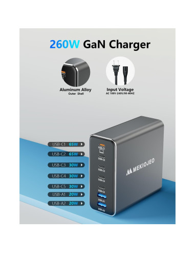 Cargador USB C 260W MEKIOJEO 7 Puertos Carga Rápida Gris