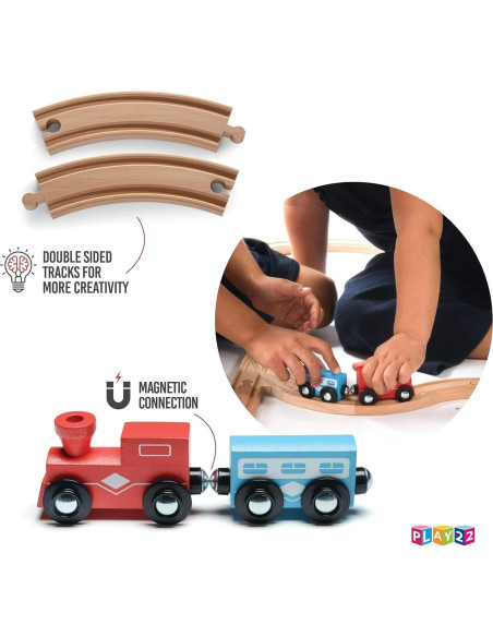 Vías de Tren de Madera Play22 - 52 Piezas + 2 Trenes - Compatible Vías de Tren de Madera Play22 - 52 Piezas + 2 Trenes - Compatible