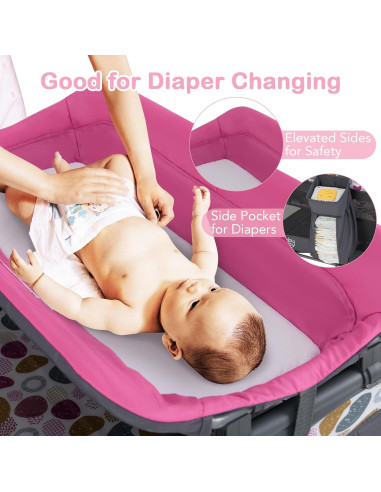 HONEY JOY Pack and Play 4 en 1 Rosa con Cuna y Cambiador