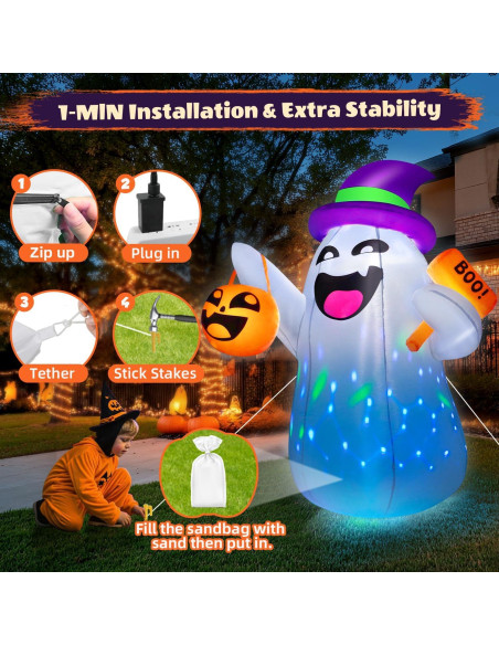 Fantasma Inflable de Halloween 5FT con Luz LED Multicolor Zukakii Fantasma Inflable de Halloween 5FT con Luz LED Multicolor Zukakii