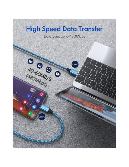 Cable USB C a C 3.05m Baiwwa 60W Carga Rápida 2 Unidades Cable USB C a C 3.05m Baiwwa 60W Carga Rápida 2 Unidades