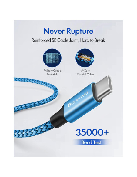 Cable USB C a C 3.05m Baiwwa 60W Carga Rápida 2 Unidades Cable USB C a C 3.05m Baiwwa 60W Carga Rápida 2 Unidades