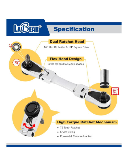 Carraca Dual Flexible LABEAR 1/4" con Cabeza de 180 Carraca Dual Flexible LABEAR 1/4" con Cabeza de 180