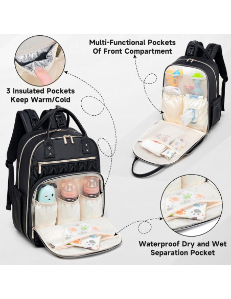 Mochila para Pañales Elegante Impermeable con Cambiador Negro Mochila para Pañales Elegante Impermeable con Cambiador Negro
