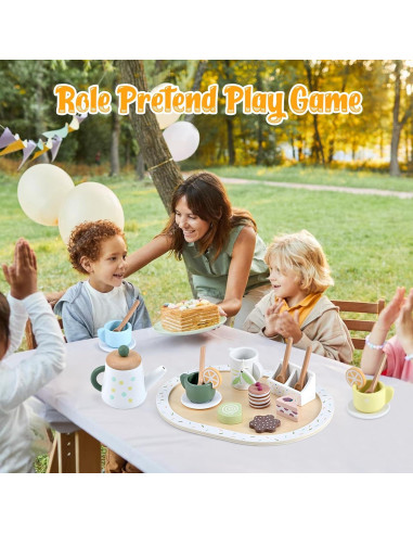 Juego de Té de Madera WHOHOLL 24 Piezas para Niños 2-6 Años