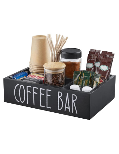 Organizador de Estación de Café ALEION - Madera Negra 4 Compartimentos