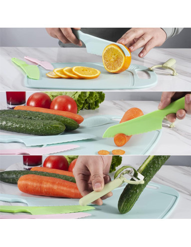 Juego de cuchillos para niños FACATH con tabla de cortar azul