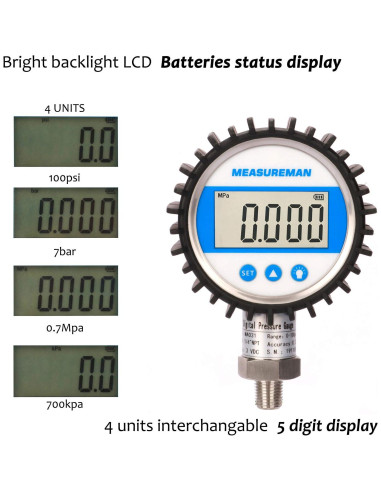 Manómetro Digital Measureman 0-100psi 3-1/8" Acero Inoxidable