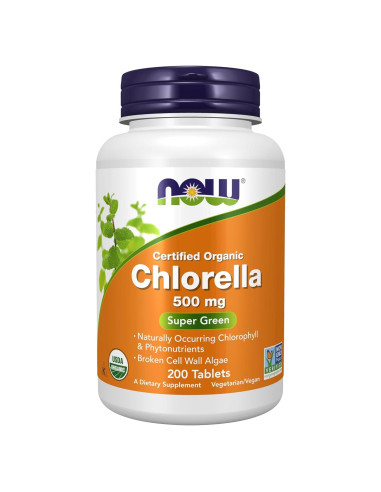 NOW Foods Chlorella Orgánica 500 mg 200 Tabletas - Superalimento Verde