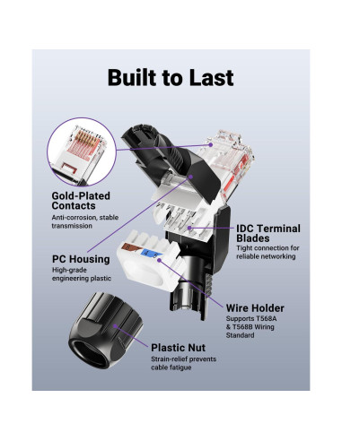 Conector RJ45 CAT6 VCELINK, 10 Gbps, Paquete de 6, Negro