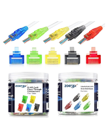 Conectores RJ45 Passthrough Cat6 ZOERAX 100-Pack con Botas Conectores RJ45 Passthrough Cat6 ZOERAX 100-Pack con Botas