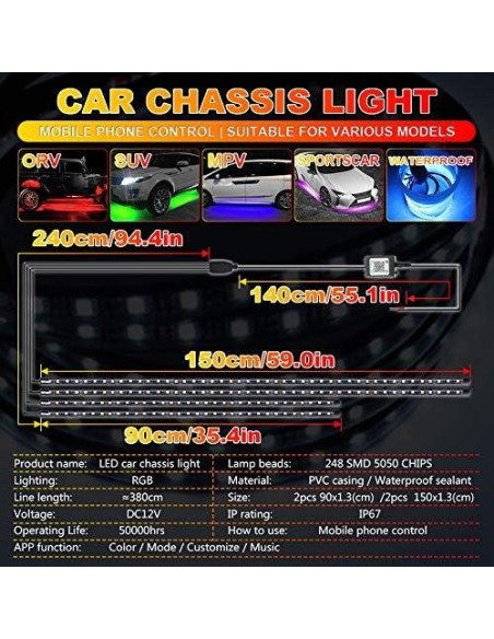 Luces LED de Subrayado HENLIX RGB 4 Pcs 150cm + 90cm IP68 Luces LED de Subrayado HENLIX RGB 4 Pcs 150cm + 90cm IP68