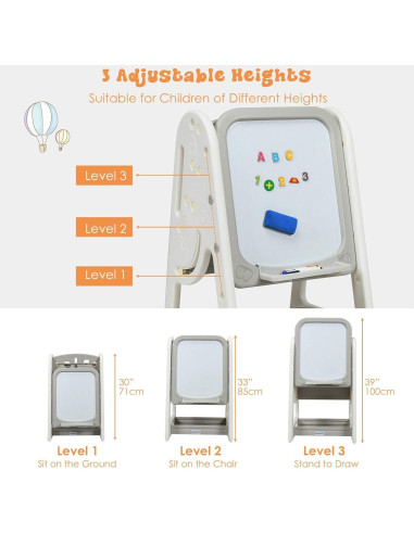 Caballete de Arte para Niños Costzon 3 en 1 con Taburete Gris