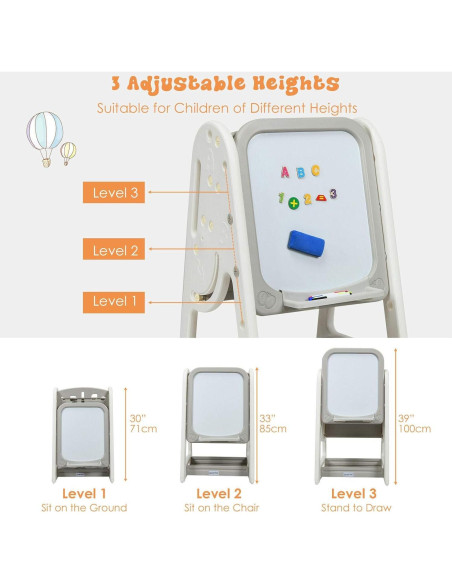 Caballete de Arte para Niños Costzon 3 en 1 con Taburete Gris Caballete de Arte para Niños Costzon 3 en 1 con Taburete Gris