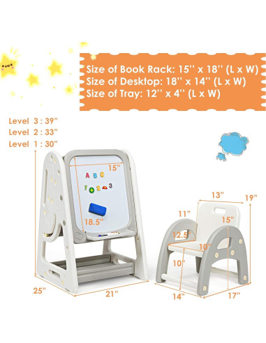 Caballete de Arte para Niños Costzon 3 en 1 con Taburete Gris