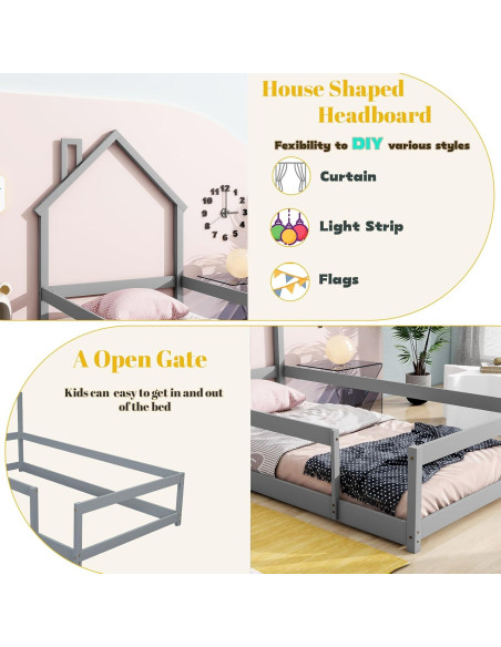 Cama Twin Montessori Mirightone con Cabecera Casa y Barandillas Cama Twin Montessori Mirightone con Cabecera Casa y Barandillas