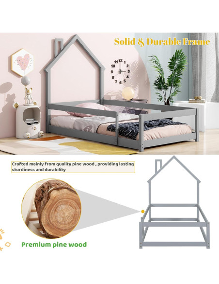 Cama Twin Montessori Mirightone con Cabecera Casa y Barandillas Cama Twin Montessori Mirightone con Cabecera Casa y Barandillas