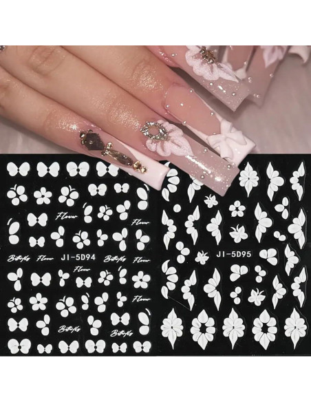 Calcomanías de Uñas 3D POWPOP Flores Blancas 5 Piezas Calcomanías de Uñas 3D POWPOP Flores Blancas 5 Piezas