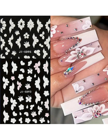 Calcomanías de Uñas 3D POWPOP Flores Blancas 5 Piezas