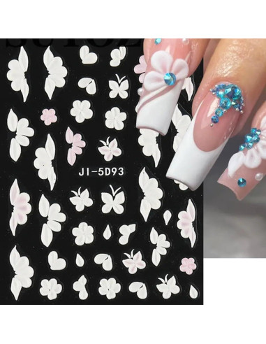 Calcomanías de Uñas 3D POWPOP Flores Blancas 5 Piezas