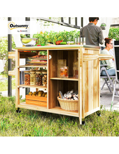Carrito de Parrilla Outsunny Madera Natural con Acero Inoxidable