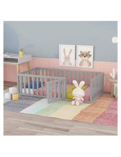 Cama de Piso Merax Twin Montessori con Barandillas y Puerta Gris