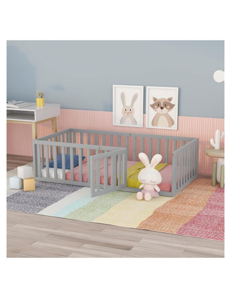 Cama de Piso Merax Twin Montessori con Barandillas y Puerta Gris Cama de Piso Merax Twin Montessori con Barandillas y Puerta Gris