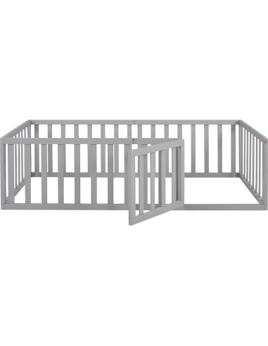 Cama de Piso Merax Twin Montessori con Barandillas y Puerta Gris
