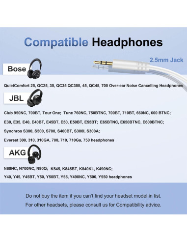 Cable de audio 2.5mm a 3.5mm Callez para auriculares Bose y JBL - Blanco