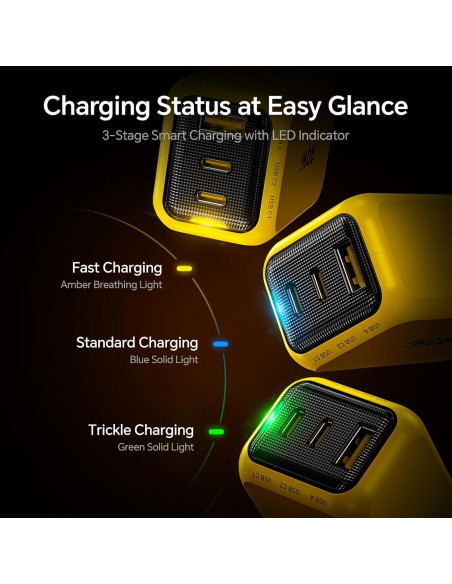 Cargador USB C AOHI Youth 65W Plegable 3 Puertos Amarillo Cargador USB C AOHI Youth 65W Plegable 3 Puertos Amarillo