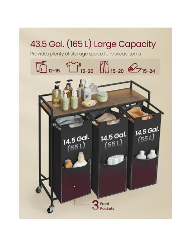 Clasificador de Ropa VASAGLE 165L con 3 Bolsas Desmontables