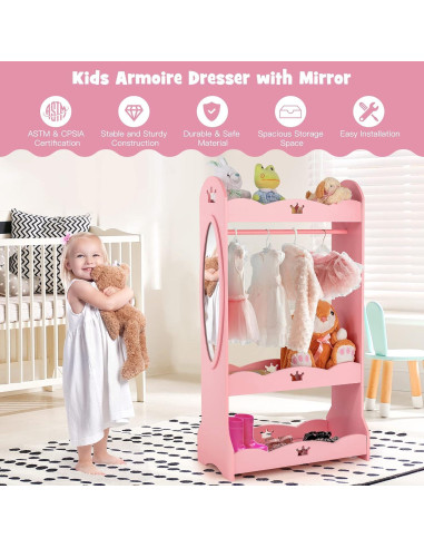 Armario de Almacenamiento para Niños Costzon Rosa con Espejo
