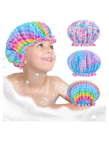 Gorro de Ducha OlyPegic para Niños 3 Pcs Impermeable Sirena Gorro de Ducha OlyPegic para Niños 3 Pcs Impermeable Sirena