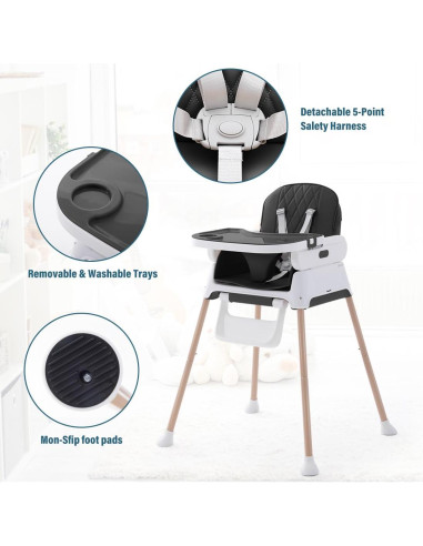 Silla Alta 3 en 1 Soobaby Negra Ajustable para Bebés y Niños