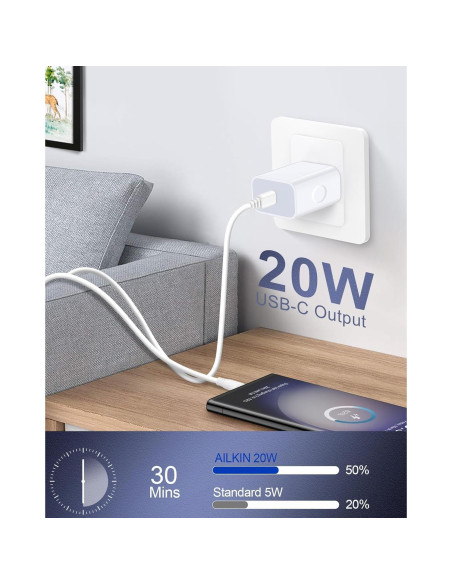 Cargador Rápido 20W AILKIN USB C con Cable 6FT para iPhone 17 Cargador Rápido 20W AILKIN USB C con Cable 6FT para iPhone 17