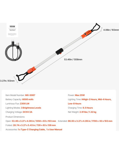 Luz de Trabajo LED VEVOR 2300LM Recargable 6000mAh