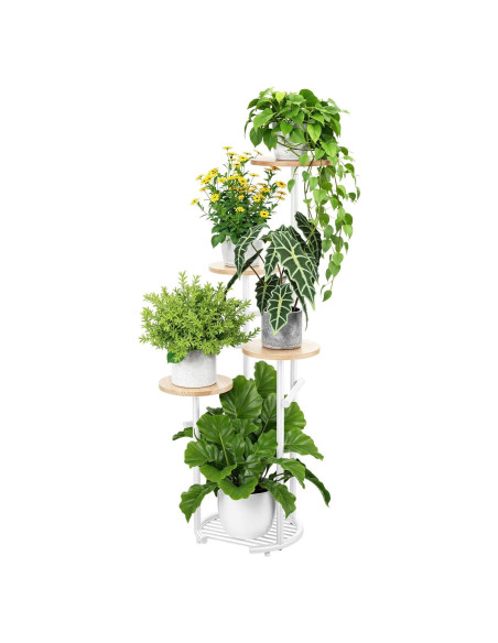 Soporte para Plantas TOSKING 5 Niveles Metal Blanco y Madera 106.68 cm Soporte para Plantas TOSKING 5 Niveles Metal Blanco y Madera 106.68 cm