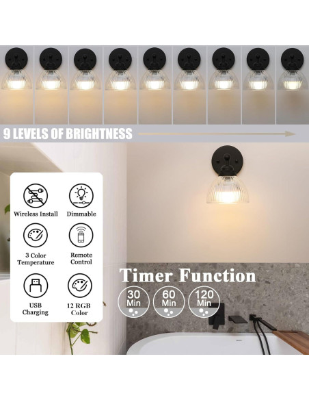 Aplique de pared recargable Phansthy negro con control remoto Aplique de pared recargable Phansthy negro con control remoto